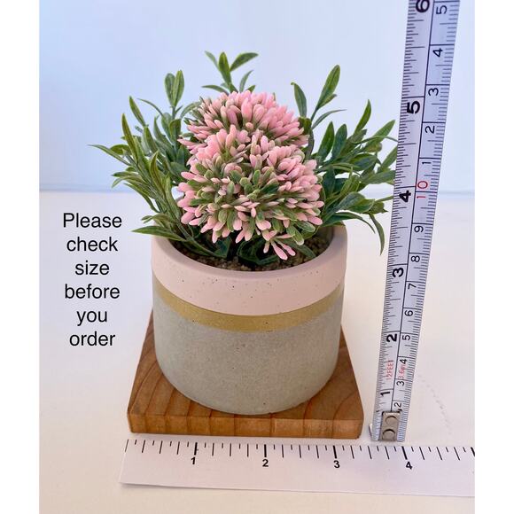 Set of 3 Artificial Pink Allium Flowers in Handmade Concrete Pot with Wood Tray - Picture 6 of 9